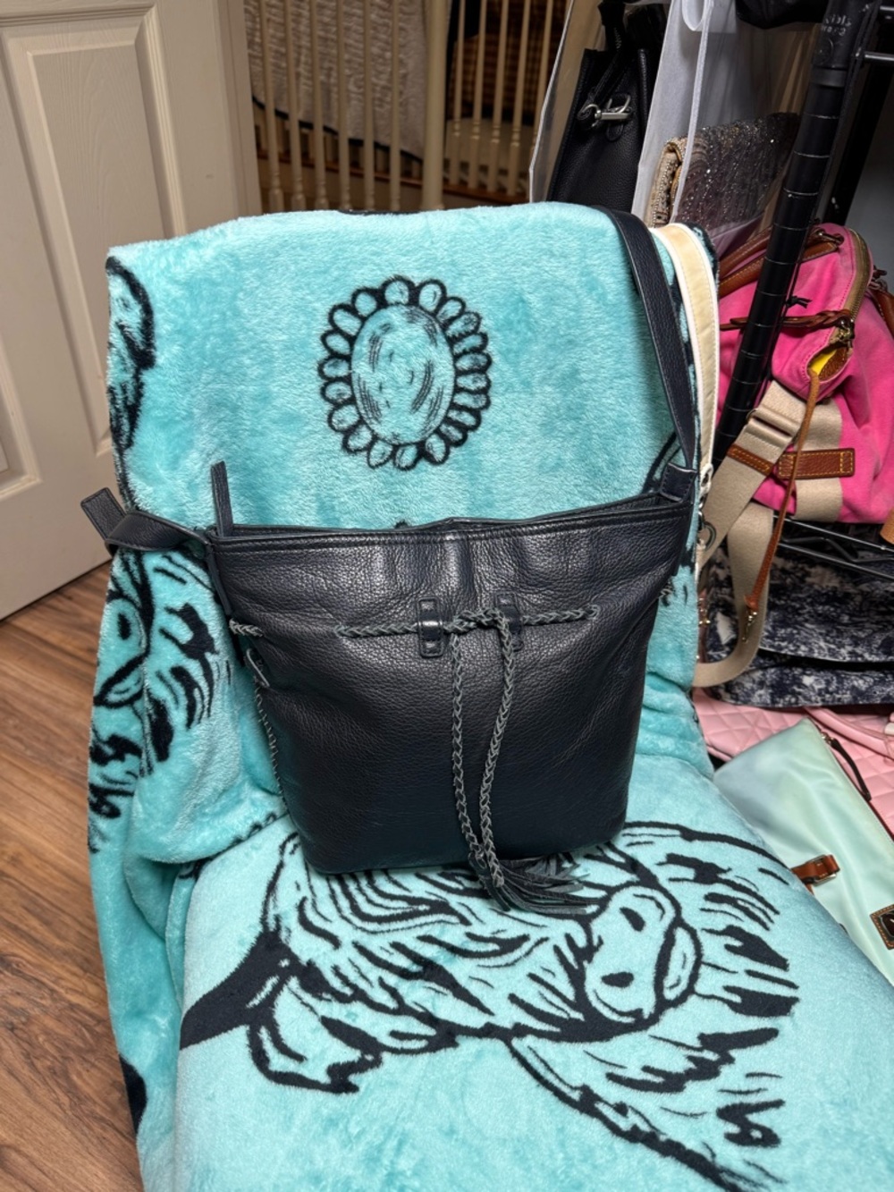 Lucky Brand Black Leather Drawstring Shoulder Bag